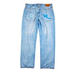 Rocawear Baggy Wide Leg Embroidered Grunge Y2K Faded Wash Jeans - Size 38